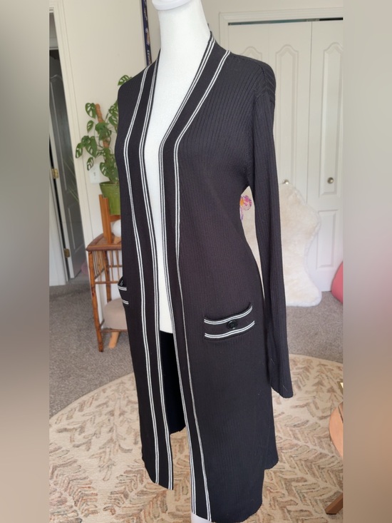 Truth Sweaters - Truth Black Long Open-Front Cardigan with White Stripe Trim